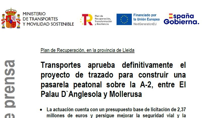 El projecte de passarel·la peatonal del Palau d'Anglesola a Mollerussa avança: aprovat el traçat pel Ministerio de Transportes y Mobilidad Sostenible