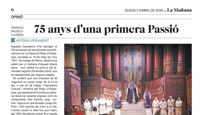 "75 anys d'una primera Passió" de Francesc Balcells i Llobera avui a la Mañana